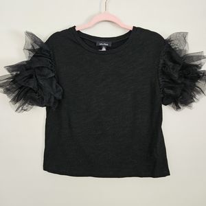 Anthropologie Lea & Viola Black Short Tulle Ruffle Sleeve Cotton Shirt Sz Small